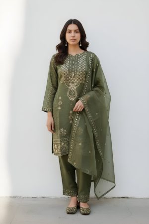 Dastoor Exclusive Article-1:  Embroidered 3-Piece Suit with Organza Dupatta | Luxury Pret Festive Wear for Women