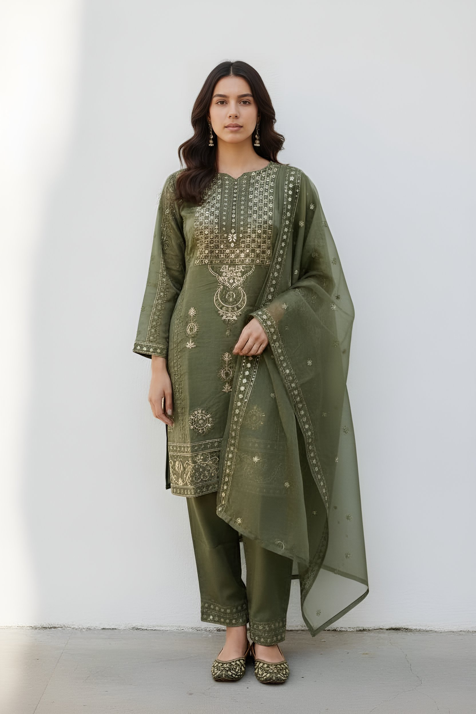 Dastoor Exclusive Article-1:  Embroidered 3-Piece Suit with Organza Dupatta | Luxury Pret Festive Wear for Women